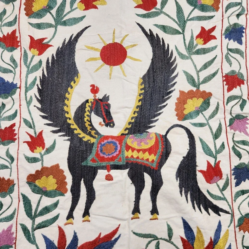 Vintage Uzbek Suzani Hand Embroidered Pegasus Winged Horse Floral Textile 31x21